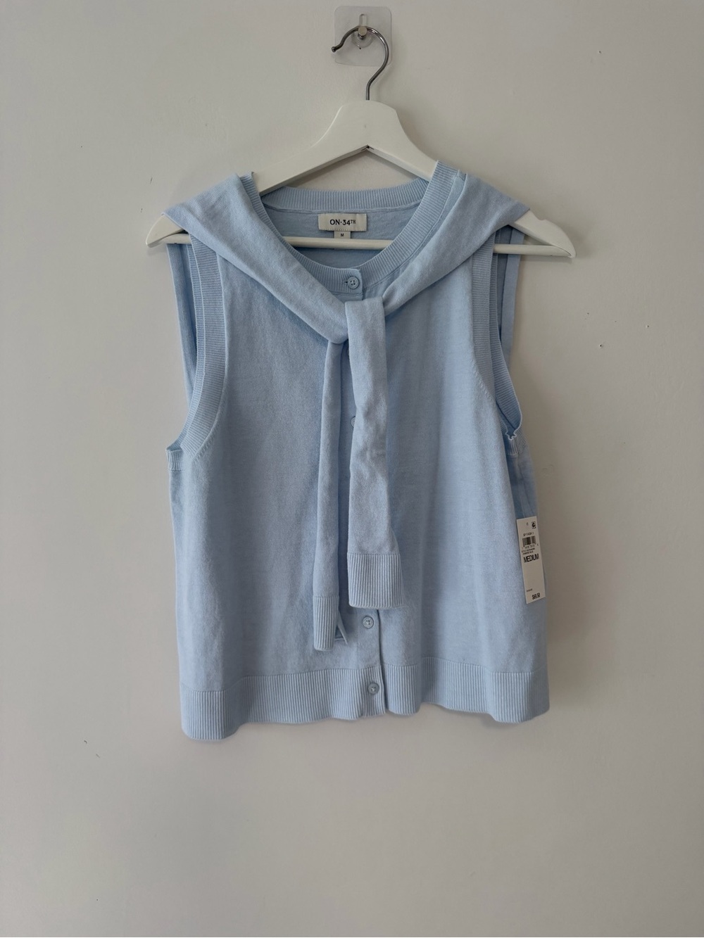 Sleeveless Button-Front Knit Top with Tie - Light Blue